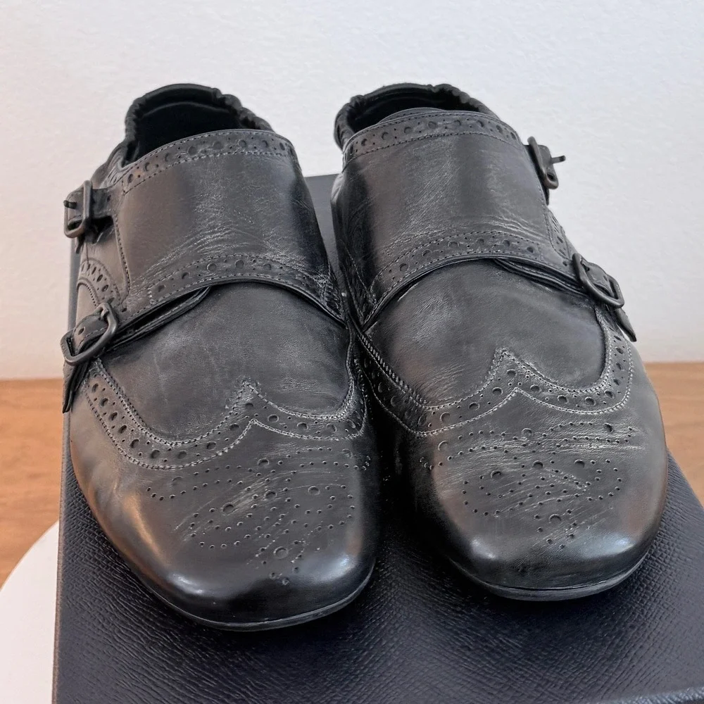 Prada 2EG469 Mens Leather Double Monk Strap Wingtip Shoes Grey Black UK 8